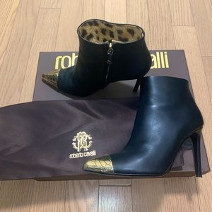 Roberto Cavalli black leather ankle boots silver size 38